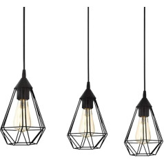 Eglo Tarbes Vintage Pendant Light in Black, Dining Room 3-Bulb in Retro Look, Steel Pendant Light with E27 Socket