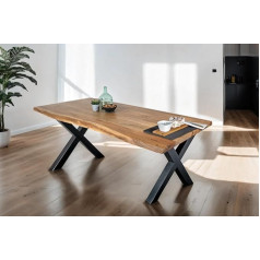 SAM Tomaso Dining Table 140 x 80 cm Natural Coloured Acacia Wood X-Frame Metal Black Real Wane Edge