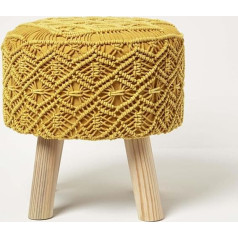 Homescapes Willow Boho Style Macrame Stool Golden Yellow 41 x 43 cm Fabric Stool Round Yellow Stool with Wooden Legs