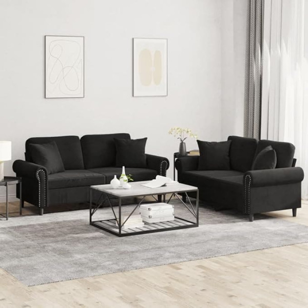 Somanki 2-TLG. Sofagarnitur mit Kissen Schwarz Samt, Loungesofa, Sofas & Couches, Relaxsofa, Couch für Wohnzimmer - 3202235