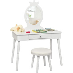 Goplus Children's Dressing Table with Stool, 2-in-1 Dressing Table & Desk for Children, Cosmetic Table with Drawer & Removable Mirror, for Children's Room & Bedroom, 100 x 70 x 34 cm (White)