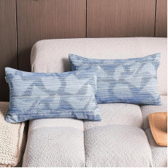 Jeanerlor Set of 2 Cotton Pillow Covers Stone Washed Denim Blue Vintage Style Machine Washable Protectors for Sofa Couch Chair Bed 12x20 Inch Geometric Pattern