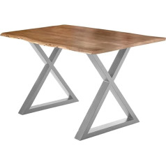SAM Lubin Dining Table, 140 x 80 cm, Natural Acacia Wood, Solid Dining Room Table with Real Wane, Wane Table with Closed X-Frame, Silver, 26 mm Table Top