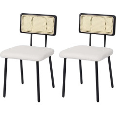 Mendler HWC-K88 Set of 2 Dining Room Chairs, Recliner Chairs, Wood, Poly-Rattan, Metal, Bouclé, Fabric/Textile, White