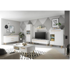 Lomadox Living Room Complete Set in Matt White with Oak, 6 Pieces Including Lighting, Standing Display Cabinet, TV Lowboard, Wall Shelf, Display Cabinet, Sideboard, Coffee Table