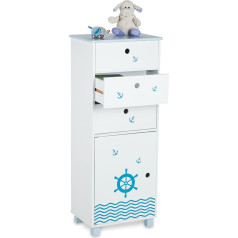 Relaxdays Children's Chest of Drawers, Nautical Design, 3 Drawers, Door Compartment, Children's Room Night Console, HBT 105 x 42 x 30 cm, White/Blue