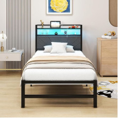 ‎Verfarm VERFARM 3ft Single Bed Frame with LED Lights Storage Upholstered Headboard and Charging Station Heavy Duty Metal Platform Single Bed Frame No Box Spring Required Noise Free Simple