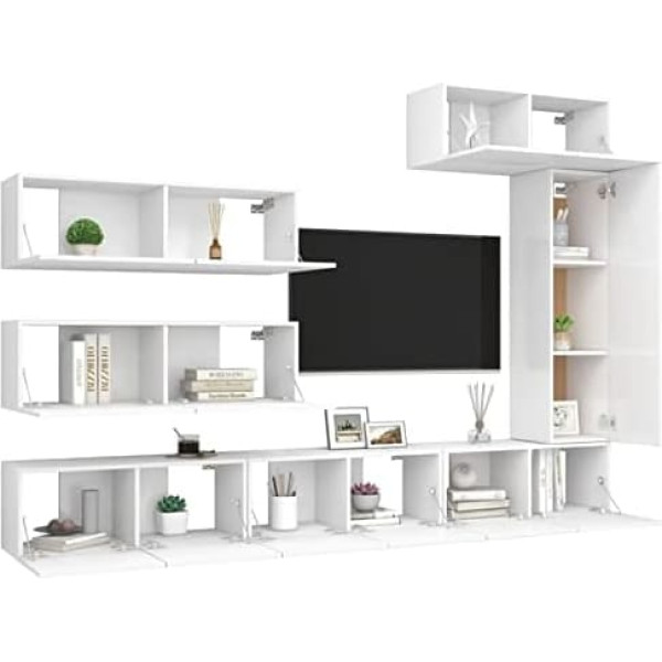 Homgoday TV-Möbel-Set, 7-teilig, weiß, aus Spanplatte, TV-Schrank, niedriger TV-Schrank, Couchtisch, TV-Ständer für Wohnzimmer