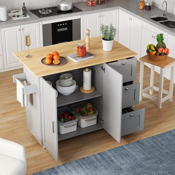 Moimhear 135 x 44 (70) x 90 cm Large Mobile Kitchen Table, Oak Worktop, Foldable Design, Multifunctional Cabinet, 3 Drawers, Towel Rail (Light Grey + Wood Colour)