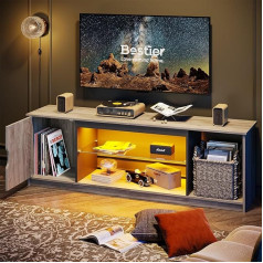 Bestier TV Cabinet, Lowboard for 65 Inch & Smaller TVs, 148 x 35 x 52 cm, TV Cabinet with RGB LED Lights, TV Stand with Adjustable Glass Shelves for Living Room, Bedroom, Grey