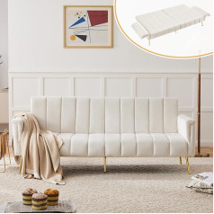 Drixno Folding Sofa Bed Velvet Fabric, 4-Seater Sofa Bed with Auxiliary Feet, Sofa Bed with Sleep Function, Beige, Suitable for Living Room, Bedroom, Home Cinema, Guest Room