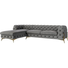 S-Style Möbel Milton Chesterfield Corner Sofa L Shape Couch Corner Couch Living Room Furniture Living Landscape Upholstered Sofa with Metal Feet 5-Seater 305 x 200 x 73 cm Grey Left