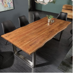 Invicta Interior Solid Tree Trunk Dining Table Mammut Nature 160 cm Acacia Stainless Steel Runners 3.5 cm Thick Table Top Acacia Wood Conference Table Tree Edge