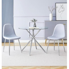 Hallowood Furniture Cullompton Small Glass Dining Table and Chairs Set 2 Round Dining Table (90cm) and Grey Fabric Chairs, Kitchen Table and Chairs, Dining Sets for Home and Cafe