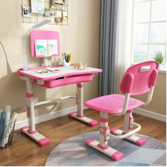 Yinleader Children's Desk Chair Set, Height-Adjustable Multifunctional Desk and Chair, Ergonomic Pink Student Desk with Lamp and Book Stand, Best Desk (Pink)
