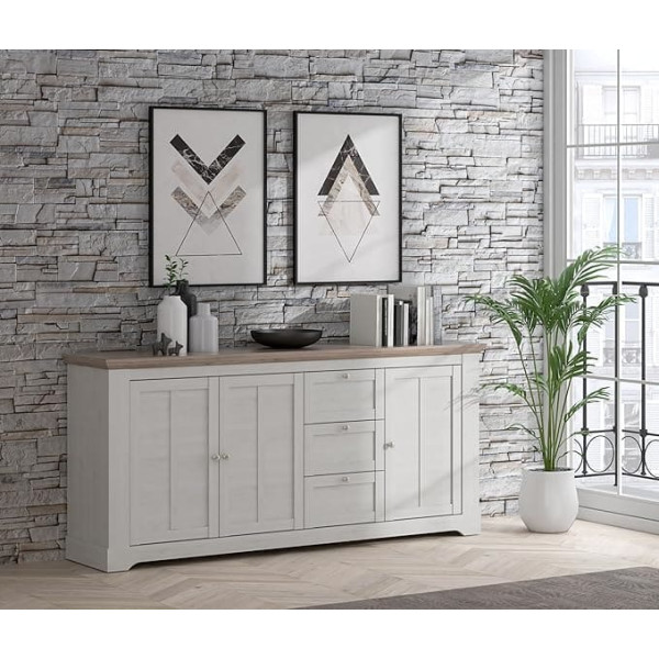 Forte ILOPPA Sideboard with 3 Drawers and 3 Doors, Composite Wood, Snowy Oak/Nelson Oak, W x H x D: 204.7 x 92.5 x 44.3 cm