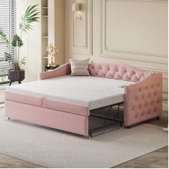Zyloyal10 Upholstered Bed, Pull-Out Sofa Bed, 90 x 200 cm, with USB Connection, Classic Shape with Buttons with Slatted Base, Multifunctional Bed - Guest Bed, Linen Fabric (Pink)