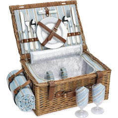 Picnic Hamper Set for 2 Person Wicker Basket with Large Insulated Cooler Compartment, Waterproof Blanket and Cutlery Service Set, Classic Brown