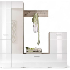 Stella Trading Sixx Hallway Wardrobe Set in White High Gloss / Sand Oak Look - Modern Compact Coat Rack 4-Piece for Your Entrance Area - 195 x 195 x 36 cm (W x H x D)