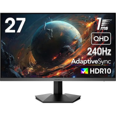 KOORUI 27 Inch Gaming Monitor, 2K QHD (2560 x 1440), 240 Hz, 1ms, Adaptive Sync, HDMI, DisplayPort, DCI-P3 90%, HDR10, 100% SRGB, VESA 75 x 75 mm, Black