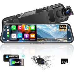 Alpinetech Reversing Camera Mirror with Wireless CarPlay Android Car, 9.66 Inch 2.5K Dashcam Mirror with Parking Aid Loop Recording Bluetooth AUX 64G SD Card HD Touch Screen Black