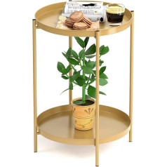 OVICAR Gold Side Table - 2-Tier Round Metal Side Table Coffee Table Small Sofa Side Table Outdoor Indoor Accent Table Bedside Table Waterproof Removable