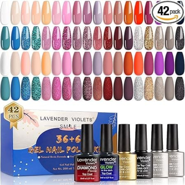 Lavender Violets UV Gel Nail Polish 42 Pieces with Base and Matte Shiny Diamond Glow in the Dark Top Coat 5-in-1 Nail Glue Nail Glue Neon Orange Nude White LED Nails Manicure Kit Gift Box C952