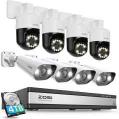 ZOSI 5MP Outdoor Surveillance Camera Set, 4 x 360° Swivelling PoE IP Camera and 4 x Outdoor Bullet Cameras, 16CH 4TB HDD NVR, Person/Vehicle Detection