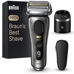 Braun Series 9 Pro+ Men's Electric Shaver with 5 Pro Razor Elements, Long Hair Trimmer ProTrimmer & Cleaning Station, 60 Minutes Running Time, Made in Germany, 9565cc, Precious Metal