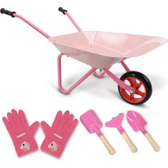 Hortem 5 pieces children's wheelbarrow set, metal construction, wheel arch and garden tools, garden glove, gifts for (pink)