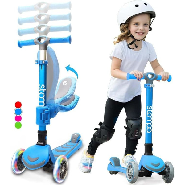 Stompa Children's Scooter 3 Years for Girls Boys Foldable Children's Scooter 3 Wheels LED Flash Light 4 Height Adjustable Scooter Toddler with Seat Slide Kick Scooter Age 3-8