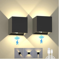 Battery Wall Lamp Indoor with Motion Sensor 6000 mAh LED Wall Light Battery Operated 6 W 3000 K USB Wall Lamp with Switch Wireless Adjustable Beam Angle Wall Lighting Stairs Hallway Pack of 2