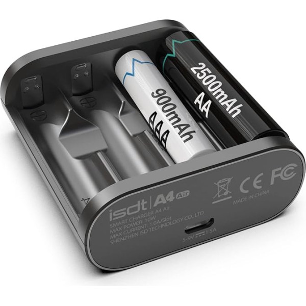 ISDT A4 Air Battery Charger, Smart AA/AAA Battery Charger with Bluetooth Connection, Household Batteries, Fast Charger for NiMH, NiCd, Li-lon and LiFePO4 Batteries, Black