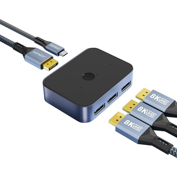 8K DisplayPort 1.4 Switch, AGFINEST DP Switcher 3 in 1 Out, 8K @ 60Hz/4K @ 144Hz Switch, One-Click Switch Supports HDR, DTS,DSD,Dolby Atmos, UHD for PC Monitor Laptop