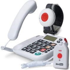 MaxCom KXTSOS Senior Telephone with Radio Emergency Transmitter, Corded Landline Telephone with Arm and Collar Transmitter, Large Buttons, Adapter Plug, Hearing Aid Compatible