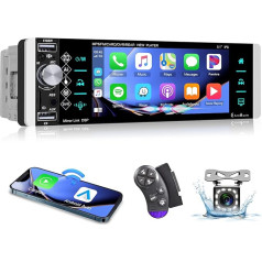 VECHTE 1 DIN Car Radio with Wireless Carplay Android Car, 5.1 Inch HD Screen, Bluetooth Car Radio Touch Display with AM FM RDS Radio Mirror Link TF/Aux/Two USB Ports Reversing Camera