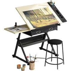 RUHEN Wooden Drawing Table Height Adjustable Table Top 0°-80° Tilting Craft Workstation with 2 Storage Drawers
