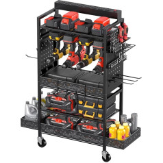 CCCEI Garage Power Tools Organiser Cart with Charging Station, Black Floor Standing Rolling Drill and Tools Battery Storage Cart on Wheels, Black Utility Rack Gift for Men, Husband, Father