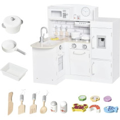 HOMCOM Children's Kitchen Play Kitchen with Electronic Water Dispenser, Microwave and Refrigerator, Corner Doll Kitchen with Oven, Cookware Set, Kitchen Accessories for Children from 3 Years, White