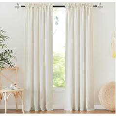 RYB HOME Living Room Curtains, Boho Linen Curtain, Set of 2, H 220 x W 140 cm, Linen Look Semi-Transparent Curtains with Rod Pocket, Linen Curtains for Living Room, Ivory White