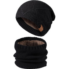 TAGVO Men's Hat Scarf Set Casual Beanie Knitted Hat Winter Hat Winter Set Knitted Beanie Wool Loop Scarf with Thick Fleece Lining