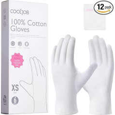 COOLJOB Cotton Gloves, White Fabric Gloves Made of 100% Cotton for Dry Hands & Neurodermatitis, Moisturising Gloves, Washable - Free Wash Bag (6 Pairs, Size XS)