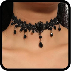 Handcess Gothic Lace Choker Necklace Black Beads Tassels Necklaces Rhinestone Necklace with Hollow Flower Jewellery for Women and Girls, Black Lace