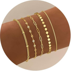 Dochais Pack of 5 Women's Gold Silver Bracelet 14K Gold-Plated Bracelet Adjustable Women's Bracelet Boho Gold Twist Snake Cuban Paper Clip Bracelets Jewellery for Women Ladies Girls