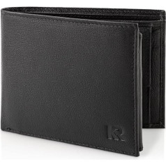 Kronify Men's Leather Wallet, Genuine Leather Wallet, RFID Protection, Landscape Format, with Coin Compartment, 13 Card Slots, Elegant Box, Nappa Black, Classic