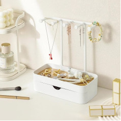inkihuit Chain Stand Jewellery Stand with Drawers, Jewellery Holder with Wooden Storage Base, Compact Jewellery Organiser with 5 Hooks, for Necklaces & Bracelets, Rings & Earrings, Elegant White