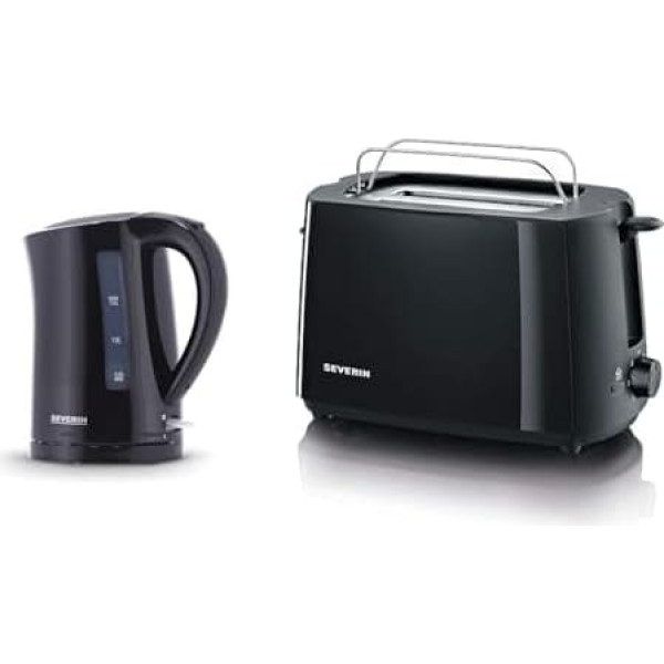 SEVERIN Kettle, 1.5 L, approx. 2,200 W, WK 3498, Black & 2287-000 Automatic Toaster, Includes Bun Roasting Attachment, 2 Roasting Chambers, 700 W, AT 2287, Black, Plastic