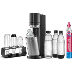 SodaStream DUO Comfort Water Carbonator Set with Quick-Connect CO2 Cylinder, Includes 2x 1L Glass Bottles, 2x 1L FUSE Plastic Bottles (Dishwasher Safe) and Bottle Drainer | Colour: Titanium