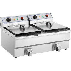 Royal Catering RCSF-16DTH Electric Deep Fryer Double Commercial Fat Fryer (2 x 16 L, 2 x 6.000 W, 380 V Heavy Current, Drain Device, 2 Power Connections) Stainless Steel