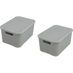 BranQ - Home essential Set of 2 Plastic Rattan Baskets with Lids made of Bisphenol A (BPA)-Free Polypropylene, Light Grey, Size L (19 Litres)